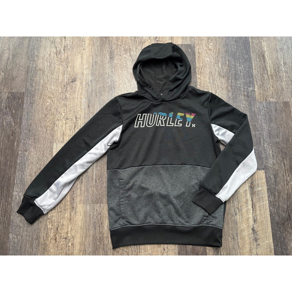Hurley‎ Boys XL Performance Hoodie Colorblock Rainbow Logo Black Grey Sweatshirt